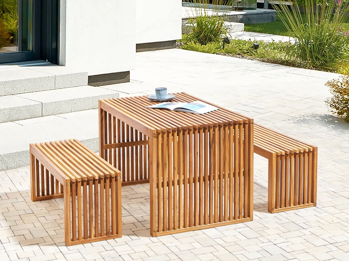 Set da pranzo da giardino con panche 4 posti BELLANO Legno d'acacia Marrone