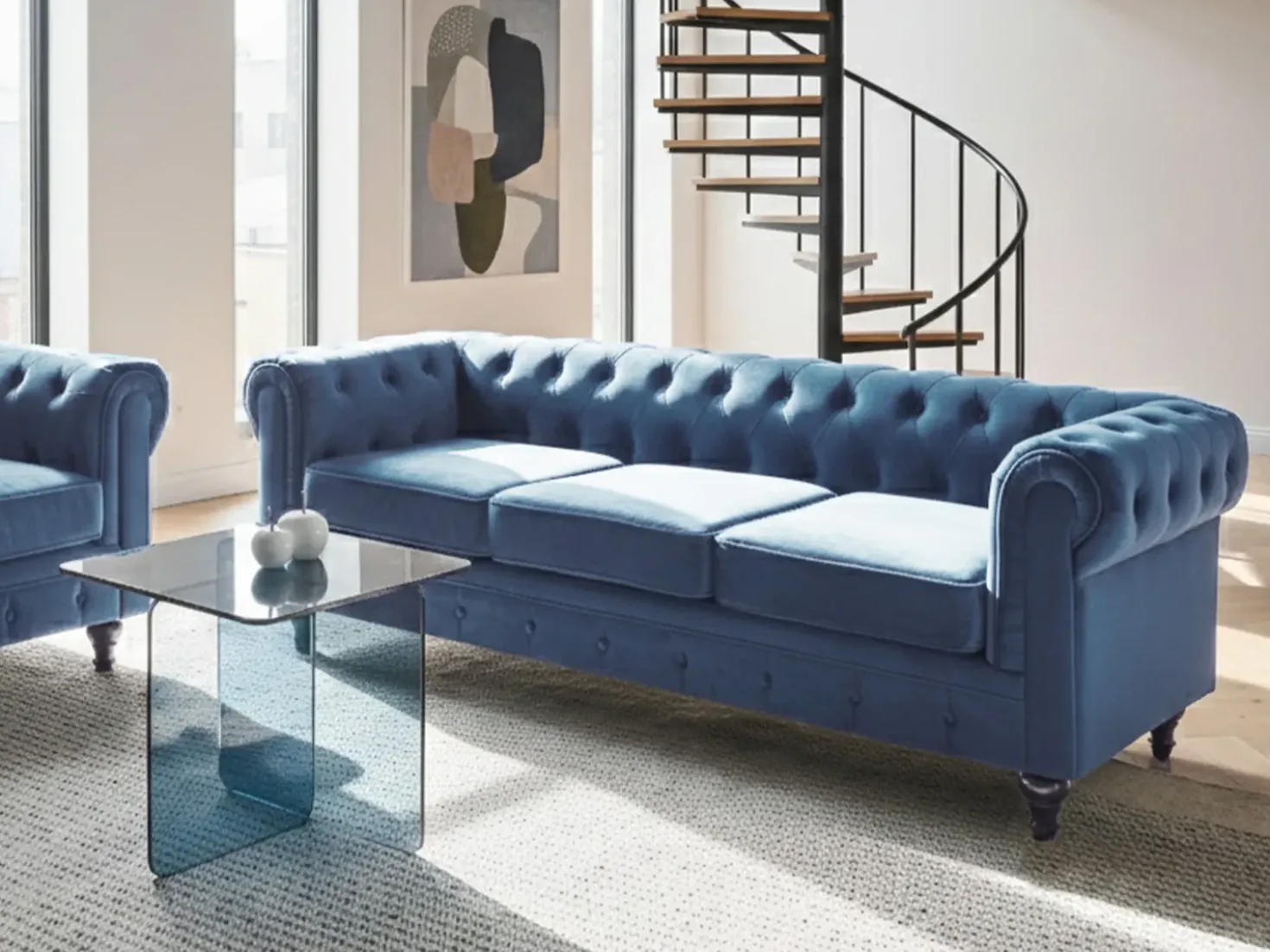 Set da salotto 4 posti CHESTERFIELD Velluto Blu marino