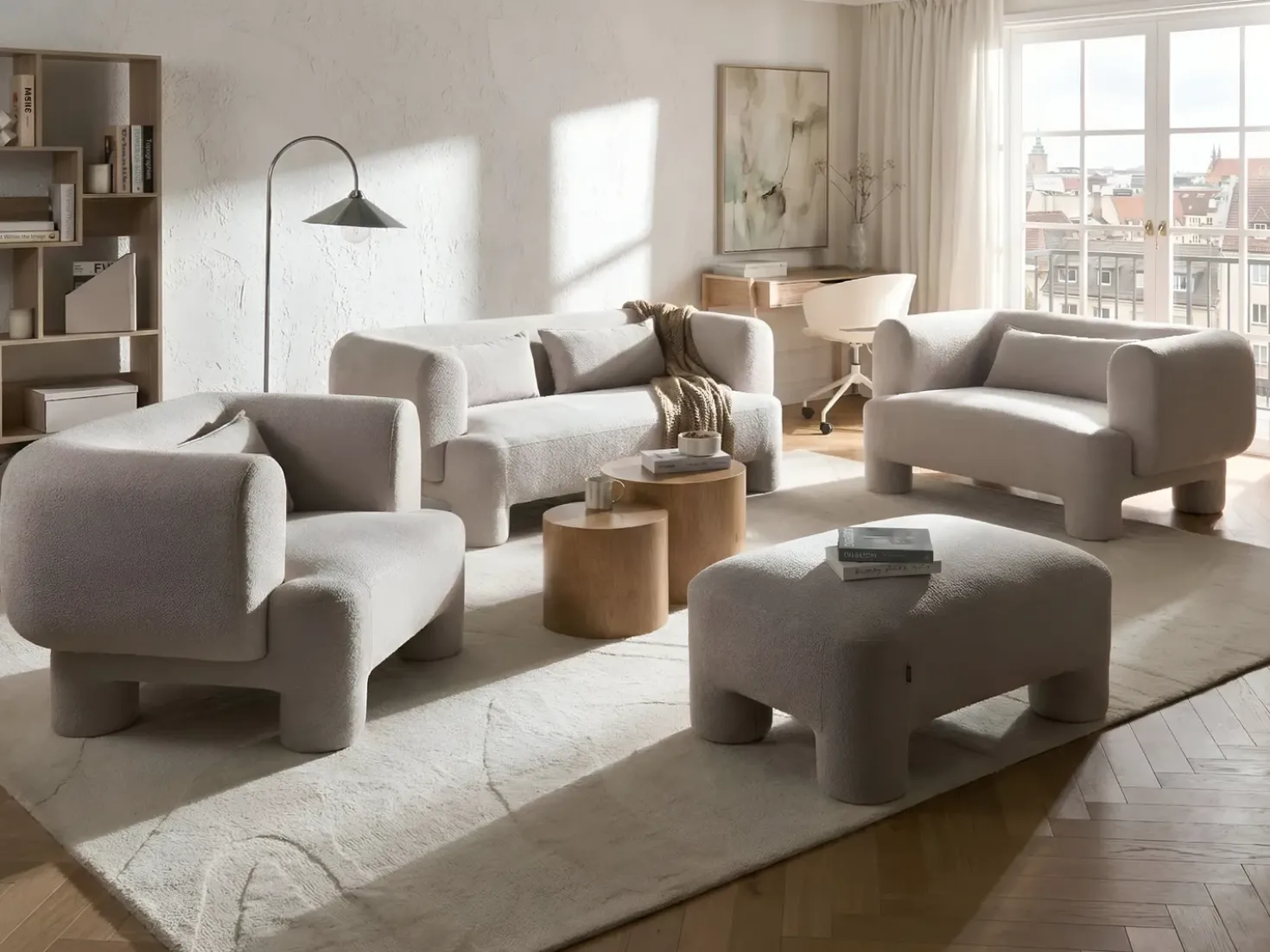 Set da salotto 6 posti HOGBO Tessuto Beige con ottomana