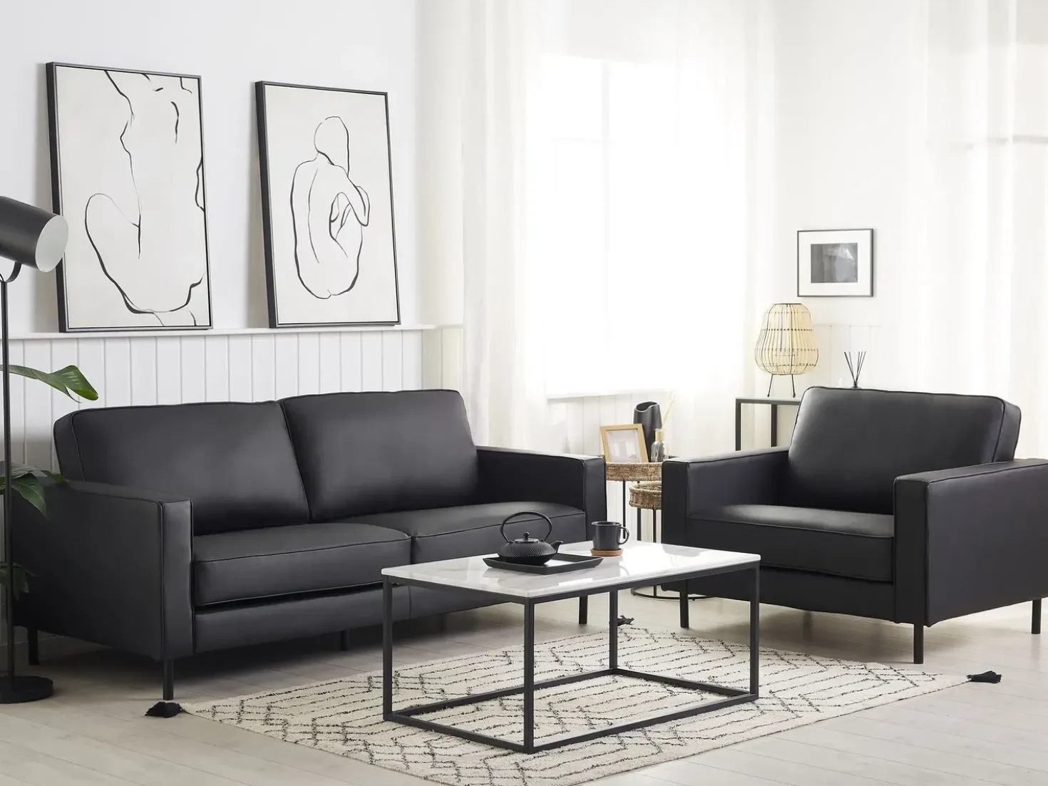 Set da salotto 4 posti SAVALEN Pelle naturale Nero