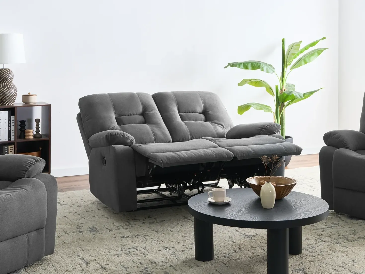 Set da salotto con poltrona reclinabile manuale 4 posti BERGEN Tessuto Grigio grafite