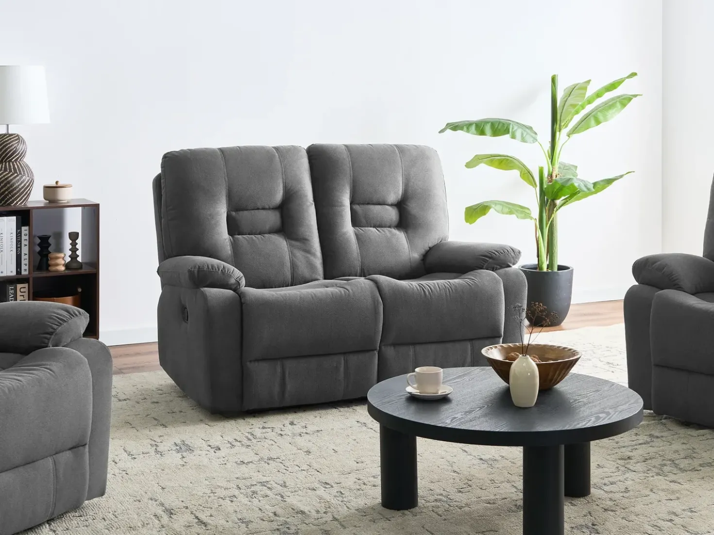 Set da salotto con poltrona reclinabile manuale 4 posti BERGEN Tessuto Grigio grafite