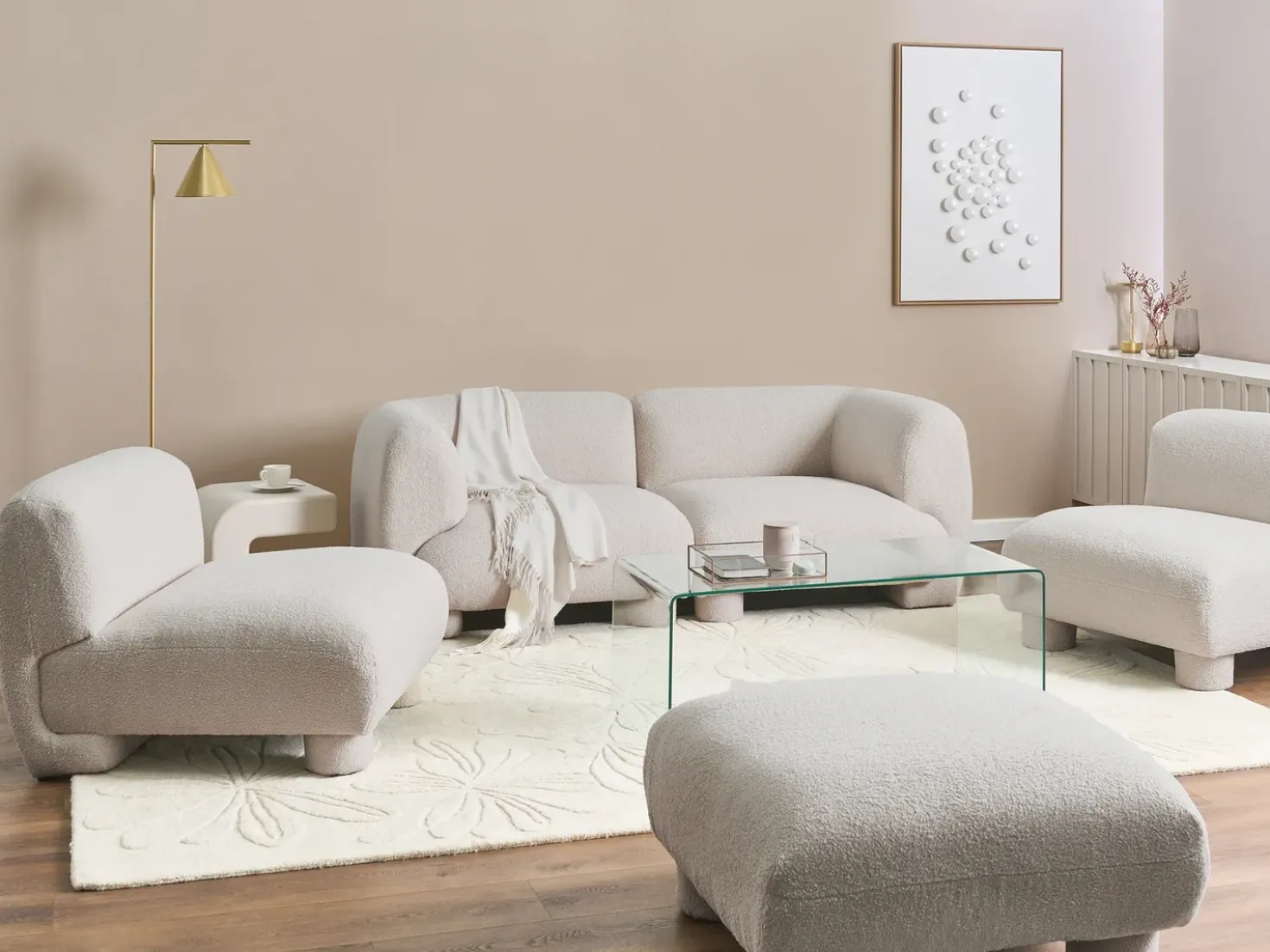 Set da salotto modulare 4 posti MJALBI Bouclé Bianco sporco con ottomana