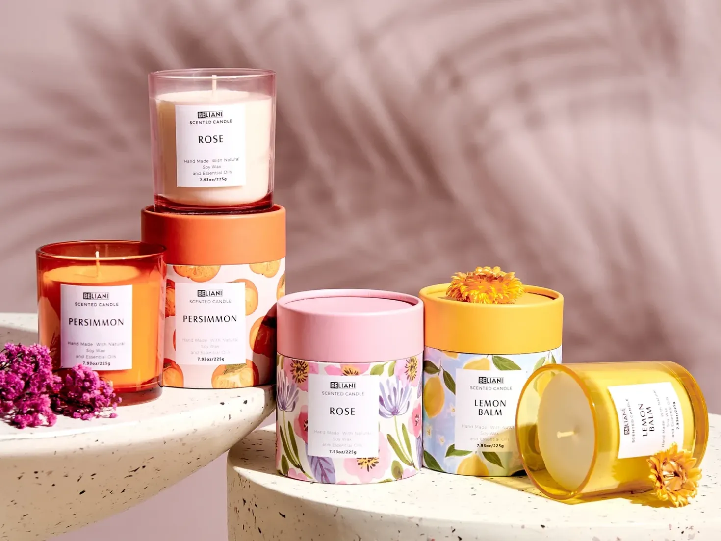 Set di 3 Candele Profumate COLORFUL BARREL Cera di Soia Note orientali Note di erba Note floreali