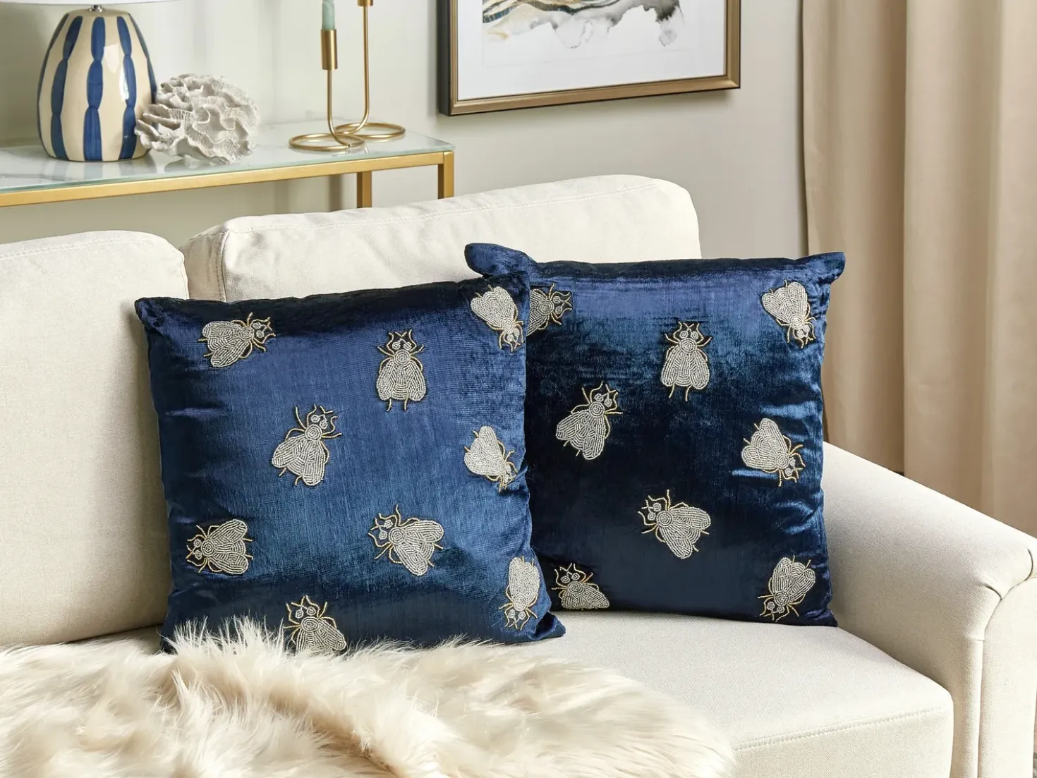 Set di 2 cuscini PENTAS Velluto 45 x 45 cm Blu marino Trama animale