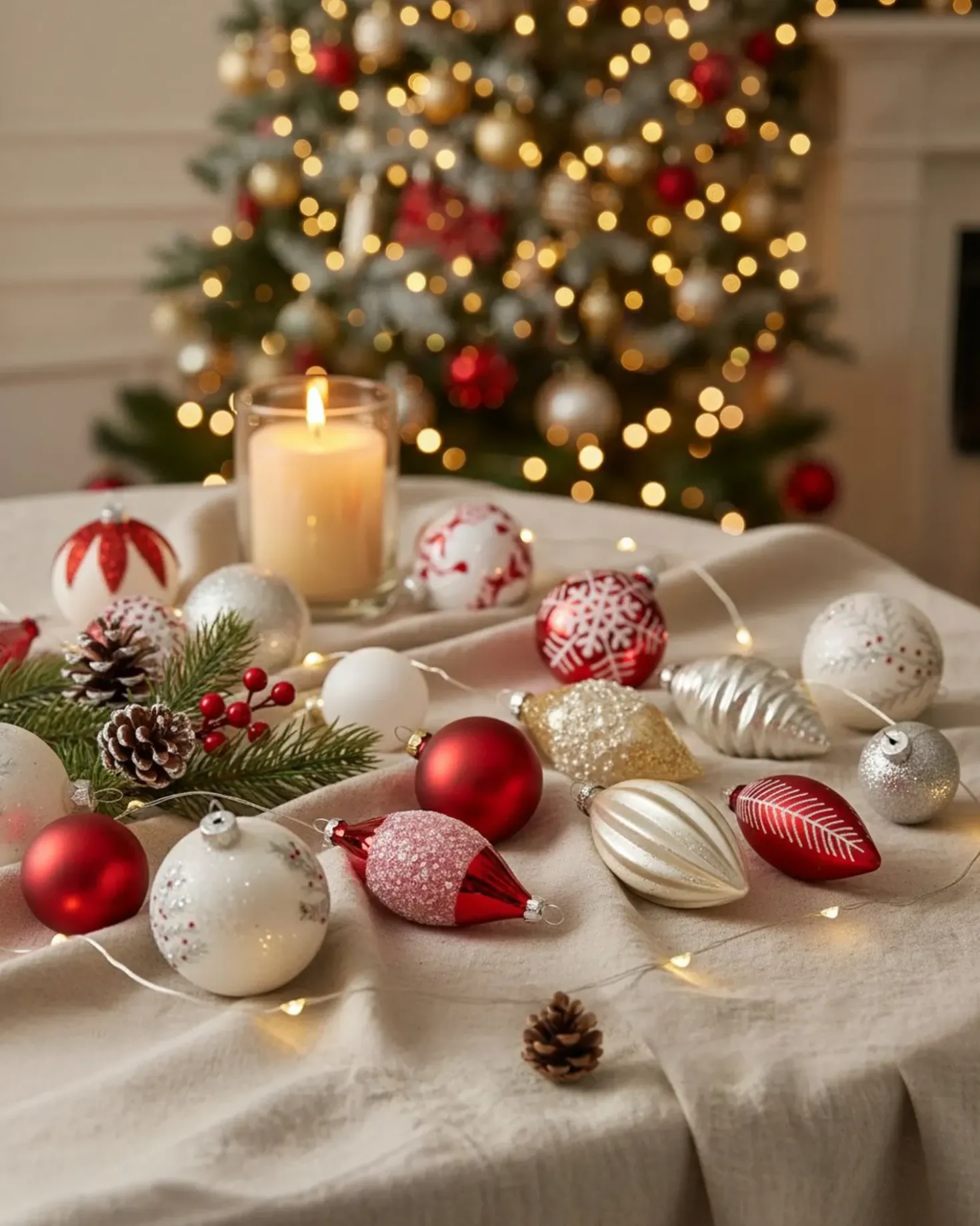 Set di 50 palline decorative SNOWFLAKE Vetro Rosso/Bianco