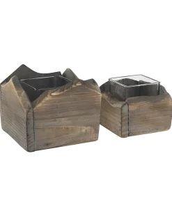 Set di 2 portacandele PLATEROS Legno di abete 15/12 cm Marrone scuro