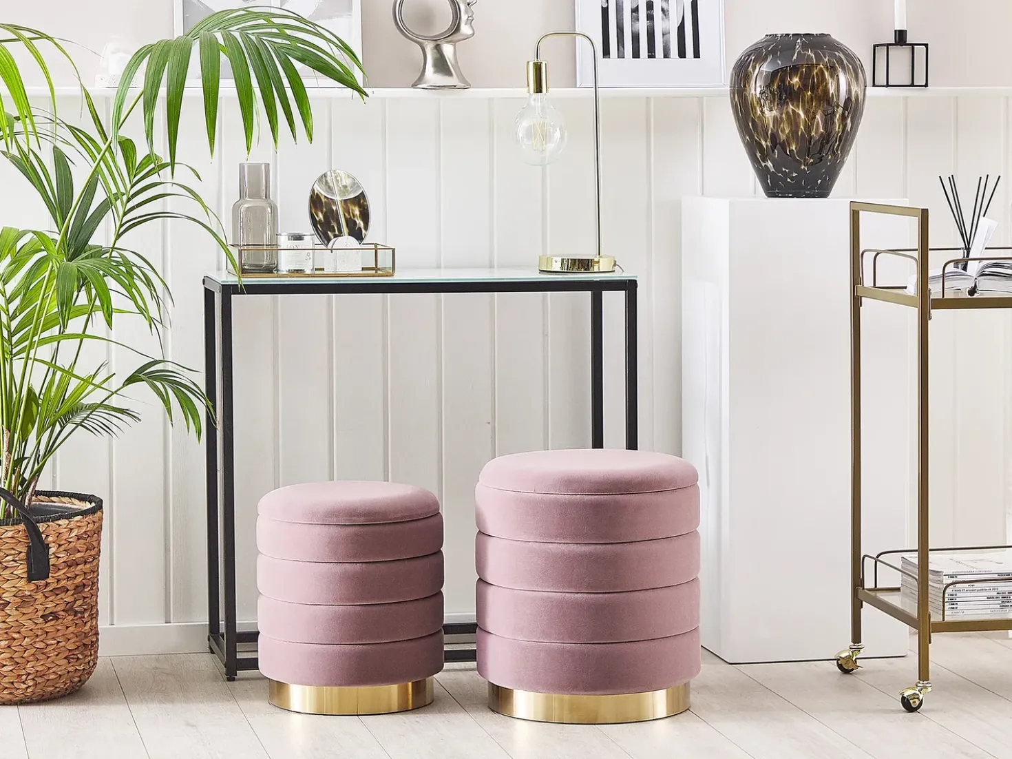 Set di 2 pouf contenitore GARLAND Velluto Rosa