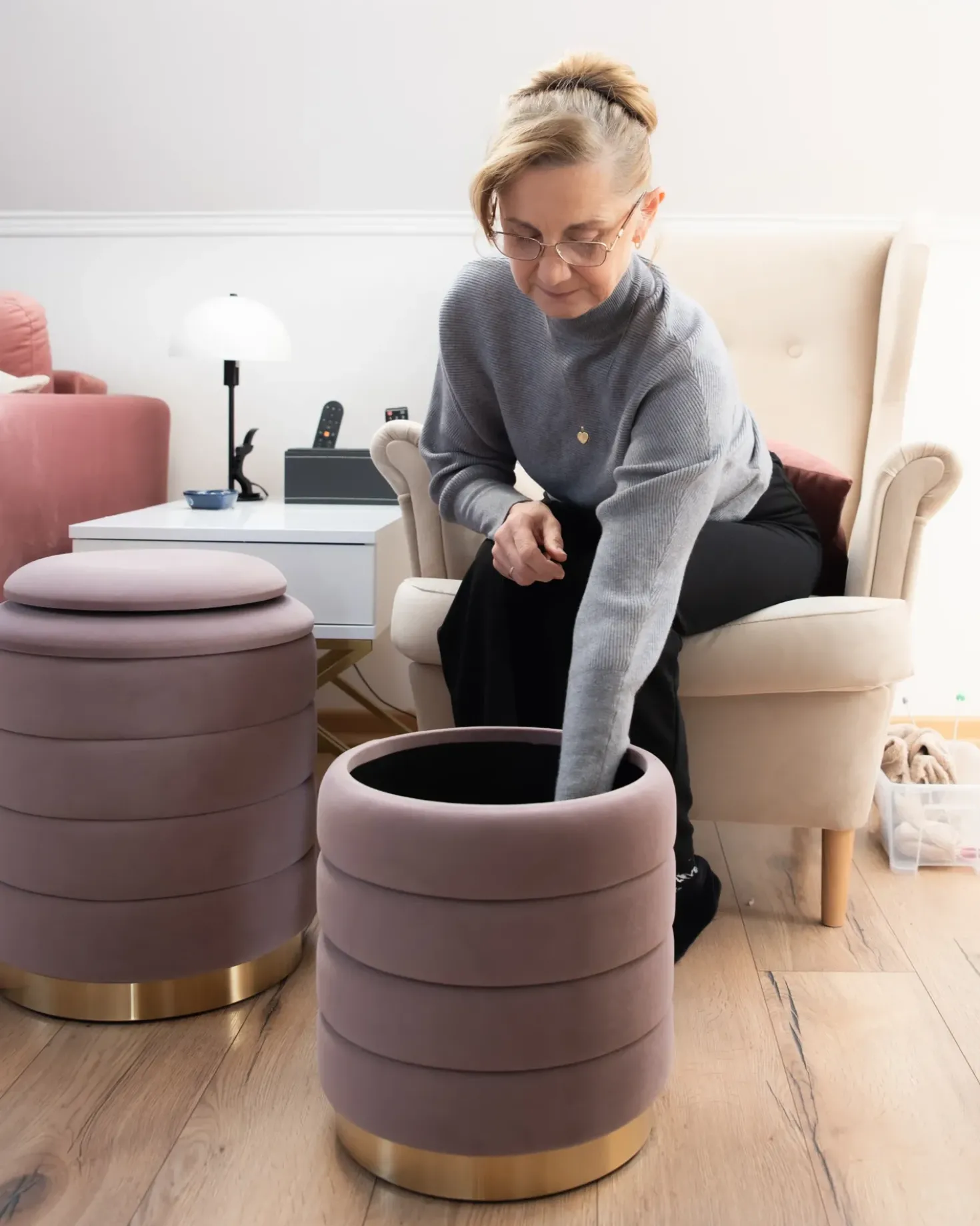 Set di 2 pouf contenitore GARLAND Velluto Rosa