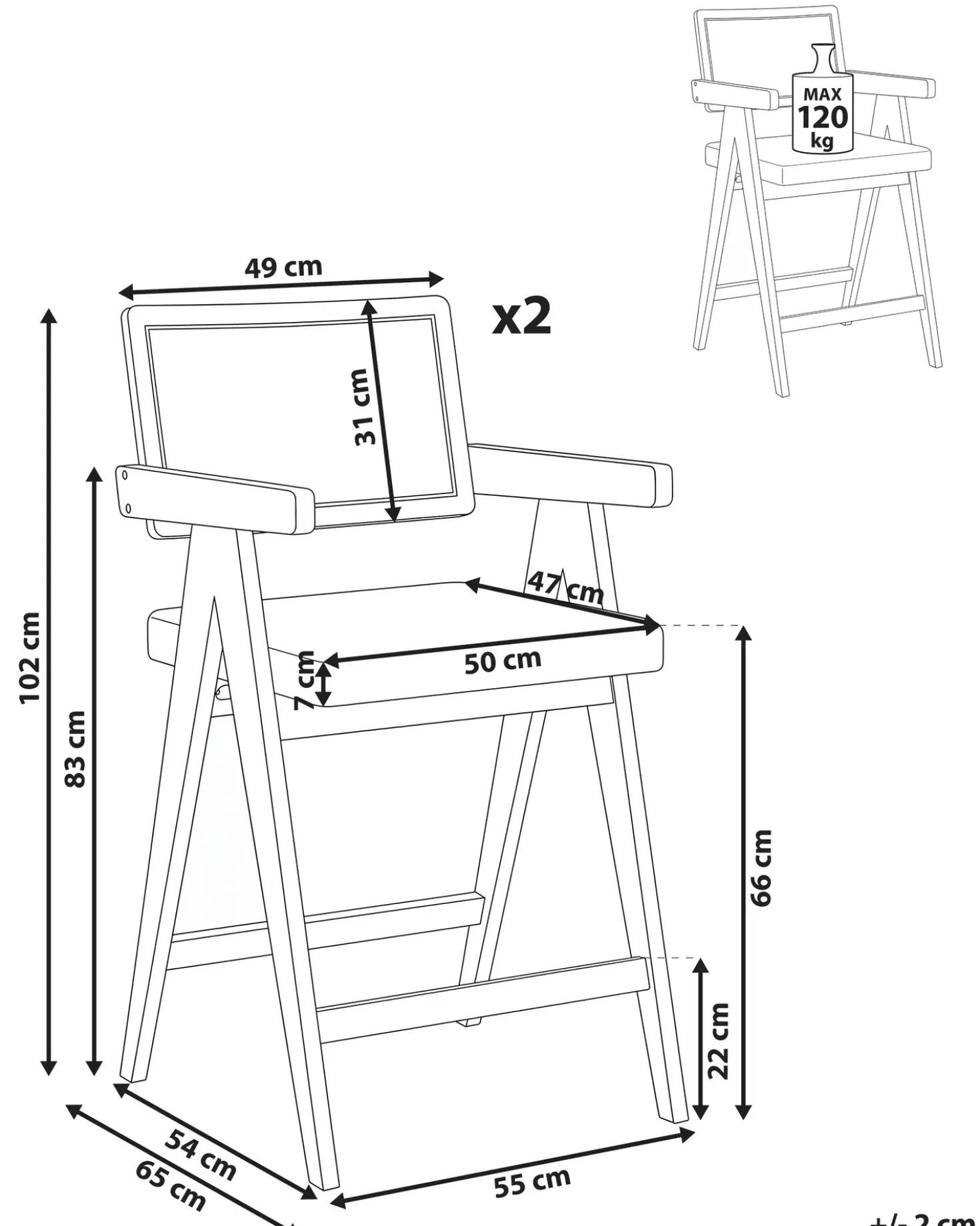 Set di 2 sedie alte AVA Legno Marrone/Beige chiaro
