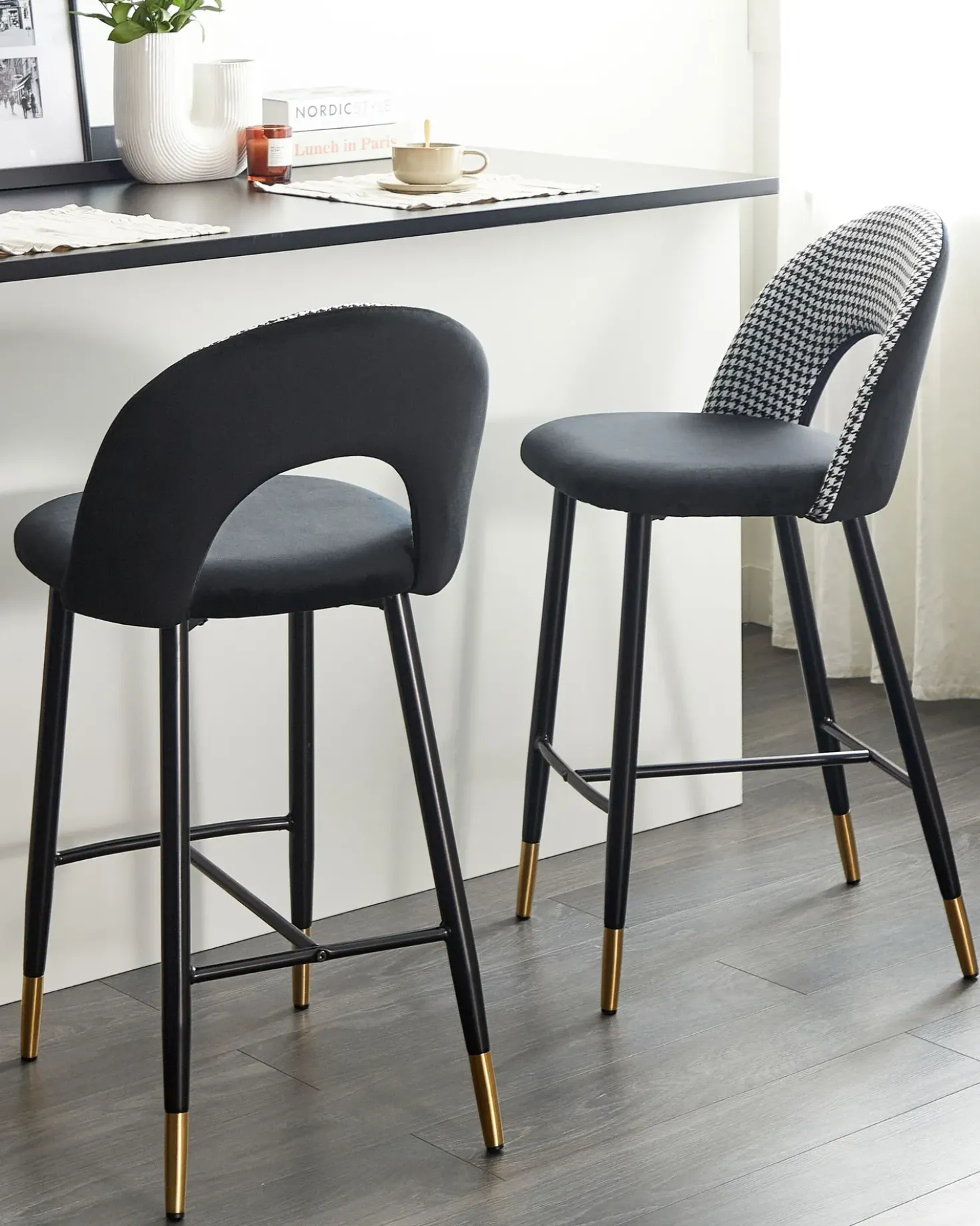 Set di 2 sedie alte FALTON Velluto Nero/Bianco