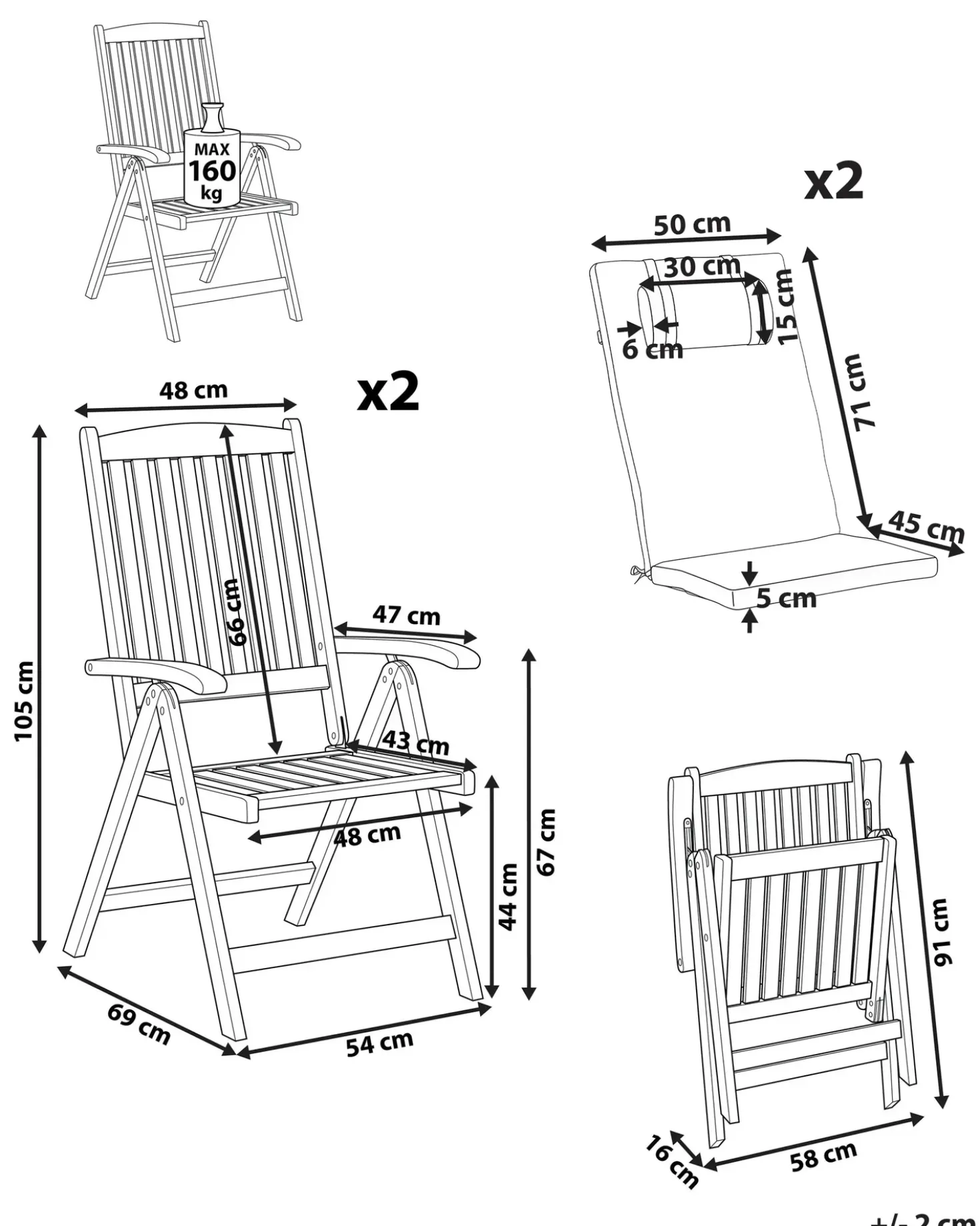 Set di 2 sedie da giardino con cuscini JAVA PREMIUM Legno d'acacia Rosso