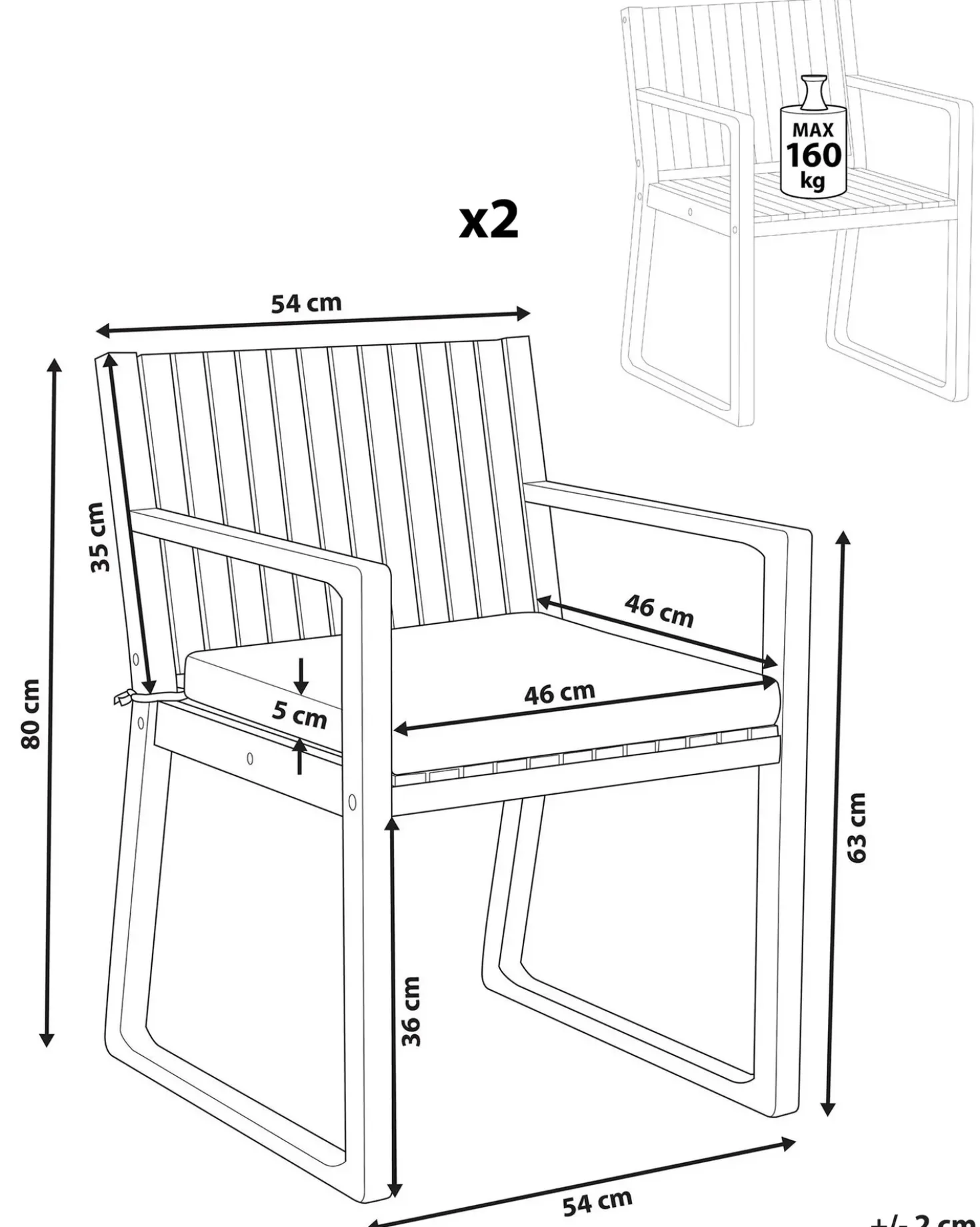 Set di 2 sedie da giardino con cuscini SASSARI PREMIUM Legno di acacia certificato Grigio chiaro