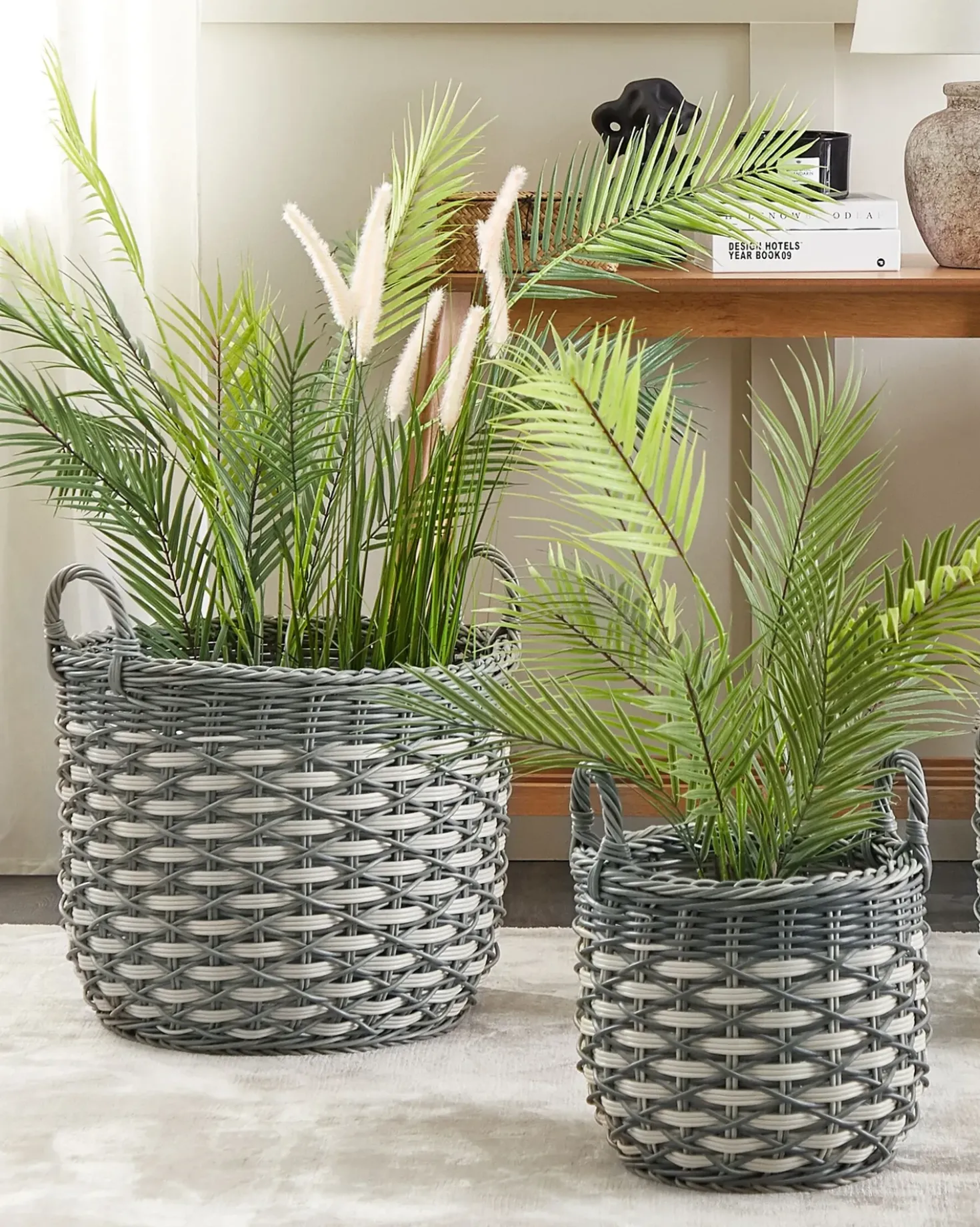 Set di 3 vasi da fiori in vimini GEFIRA Rattan sintetico (PE) 31/39/49 cm Grigio