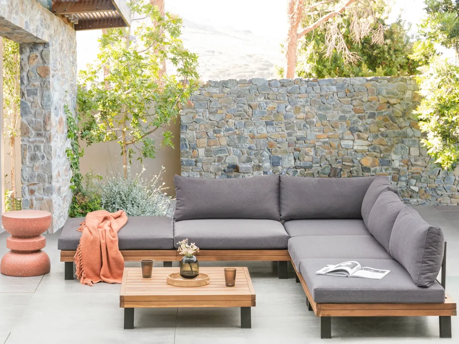 Set di divani angolari da giardino 5 posti FRAZZANO Modulare Legno di acacia certificato Grigio