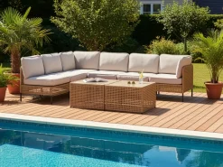 Set di divani angolari da giardino 6 posti OMEGANA Modulare Rattan sintetico (PE) Beige chiaro