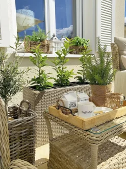 Set salotto da giardino con tavolo e pouf 2 posti PONZA Rattan sintetico (PE) Beige