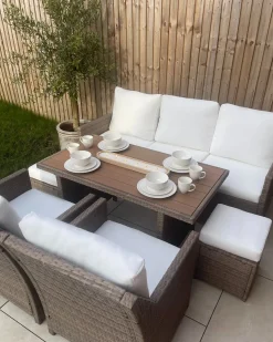 Set salotto da giardino con tavolo e pouf 5 posti FONTI con cuscini Rattan sintetico (PE) Marrone