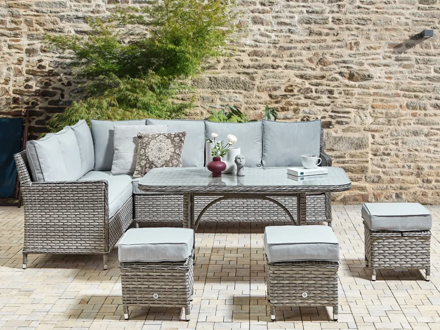 Set salotto da giardino con tavolo e pouf 9 posti LACONA Lato destro Rattan sintetico (PE) Grigio chiaro