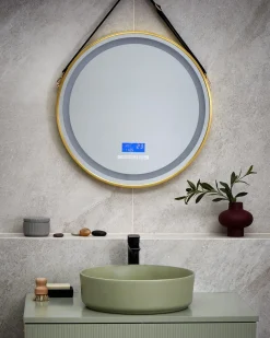 Specchio da bagno con luce LED DAROIS 60 cm 60 cm con altoparlante Bluetooth integrato Oro