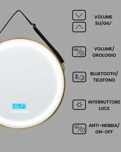 Specchio da bagno con luce LED DAROIS 60 cm 60 cm con altoparlante Bluetooth integrato Oro