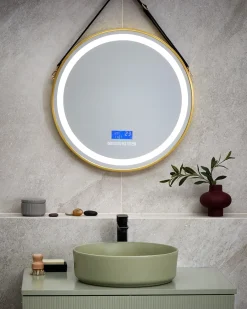 Specchio da bagno con luce LED DAROIS 60 cm 60 cm con altoparlante Bluetooth integrato Oro