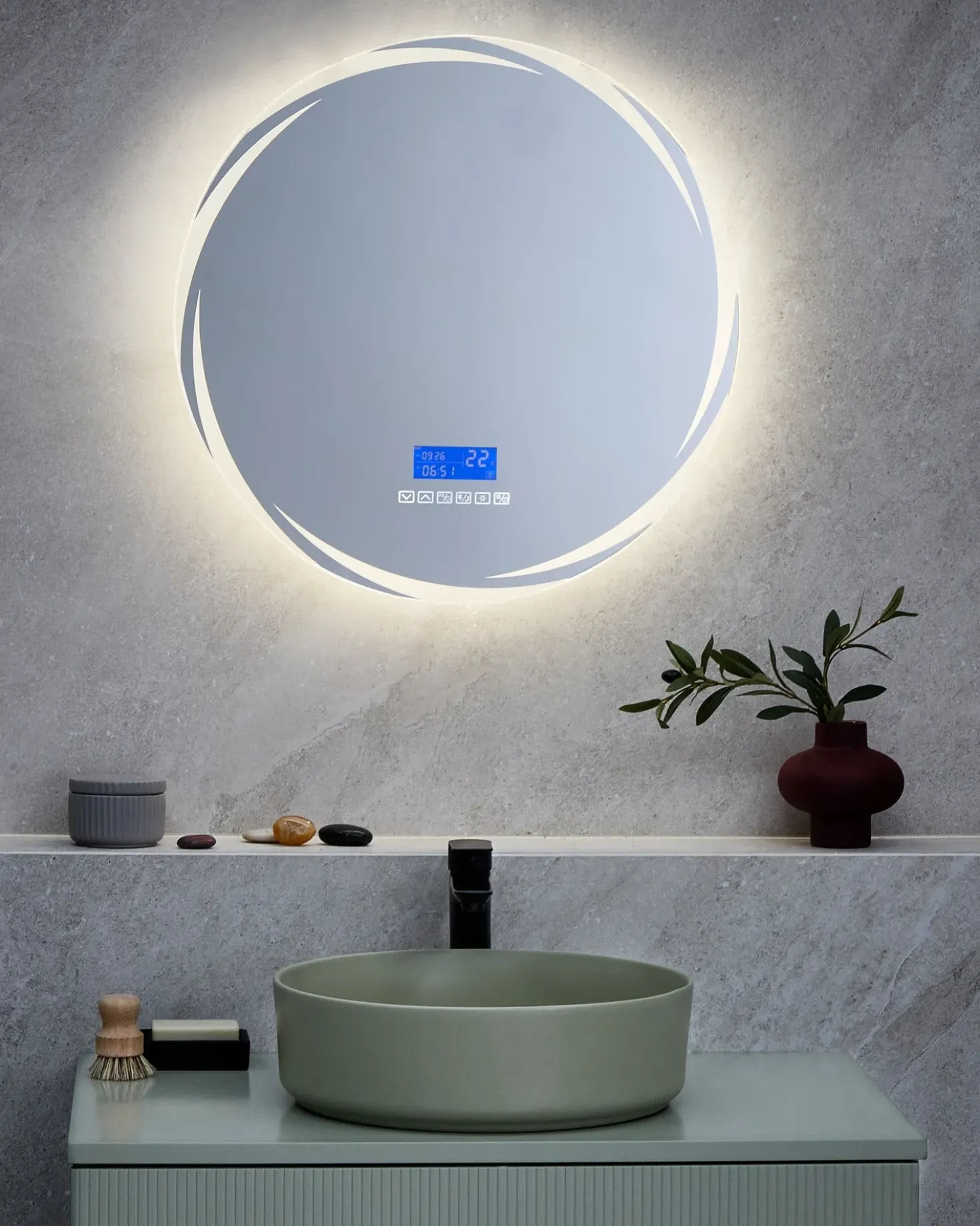Specchio da bagno con luce LED TANAY 60 cm 60 cm con altoparlante Bluetooth integrato Argento