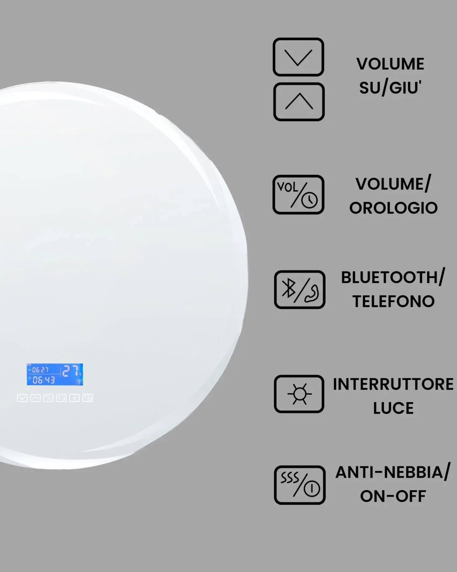 Specchio da bagno con luce LED TANAY 60 cm 60 cm con altoparlante Bluetooth integrato Argento
