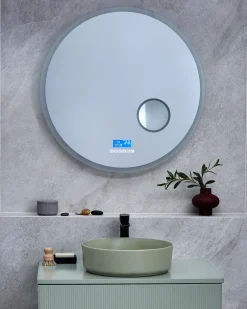Specchio da bagno con luce LED FIXIN 80 cm 80 cm con altoparlante Bluetooth integrato Argento