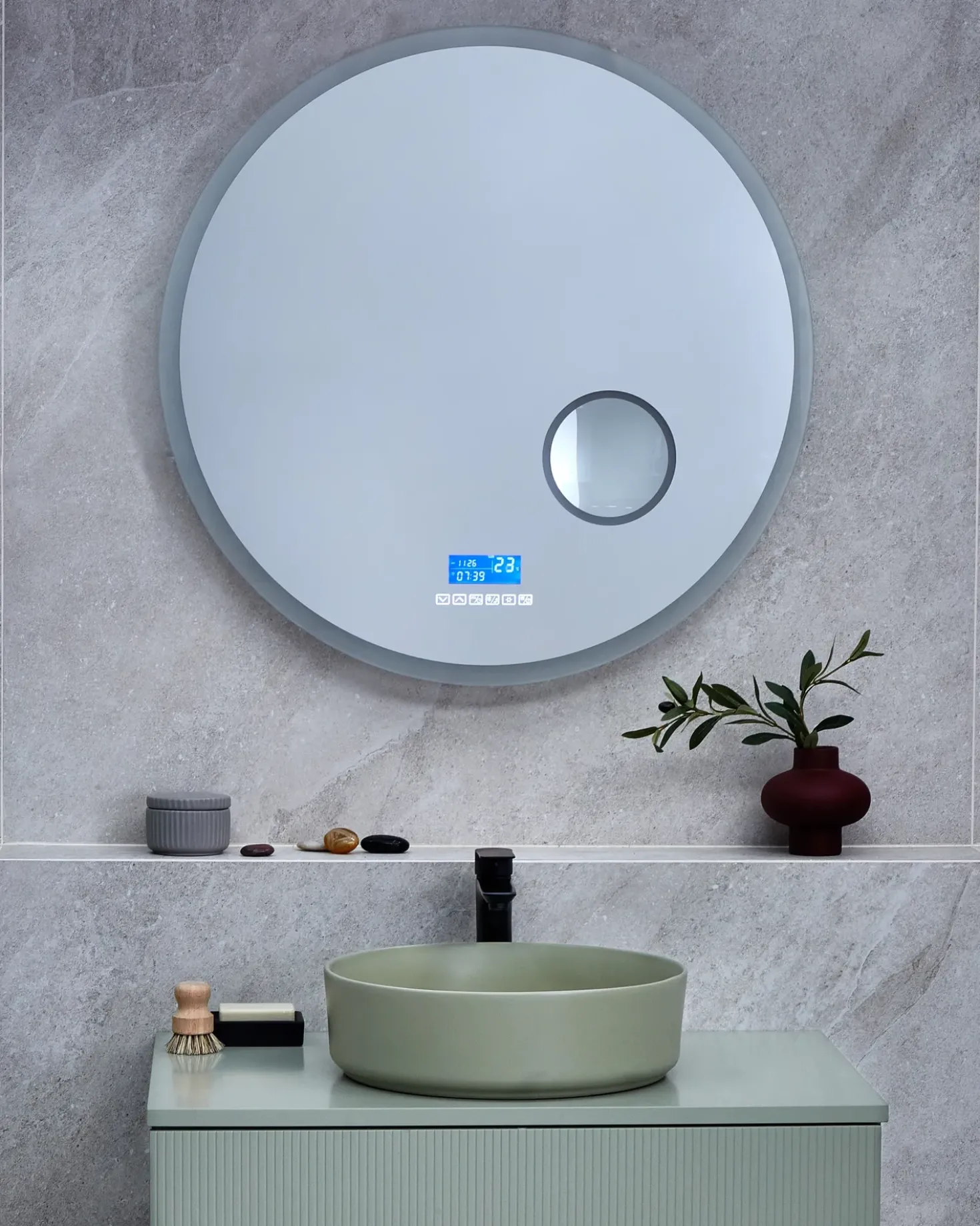 Specchio da bagno con luce LED FIXIN 80 cm 80 cm con altoparlante Bluetooth integrato Argento