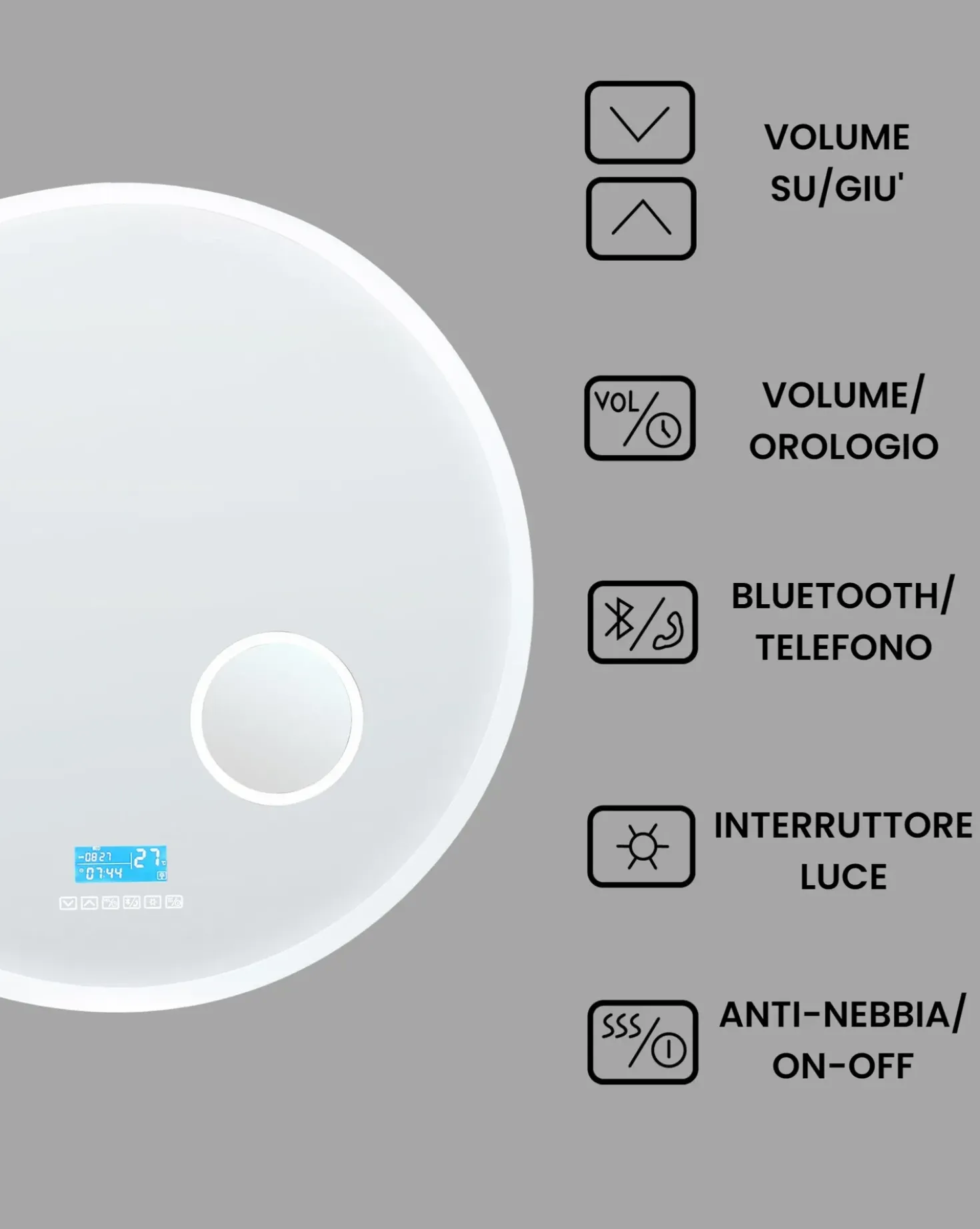 Specchio da bagno con luce LED FIXIN 80 cm 80 cm con altoparlante Bluetooth integrato Argento