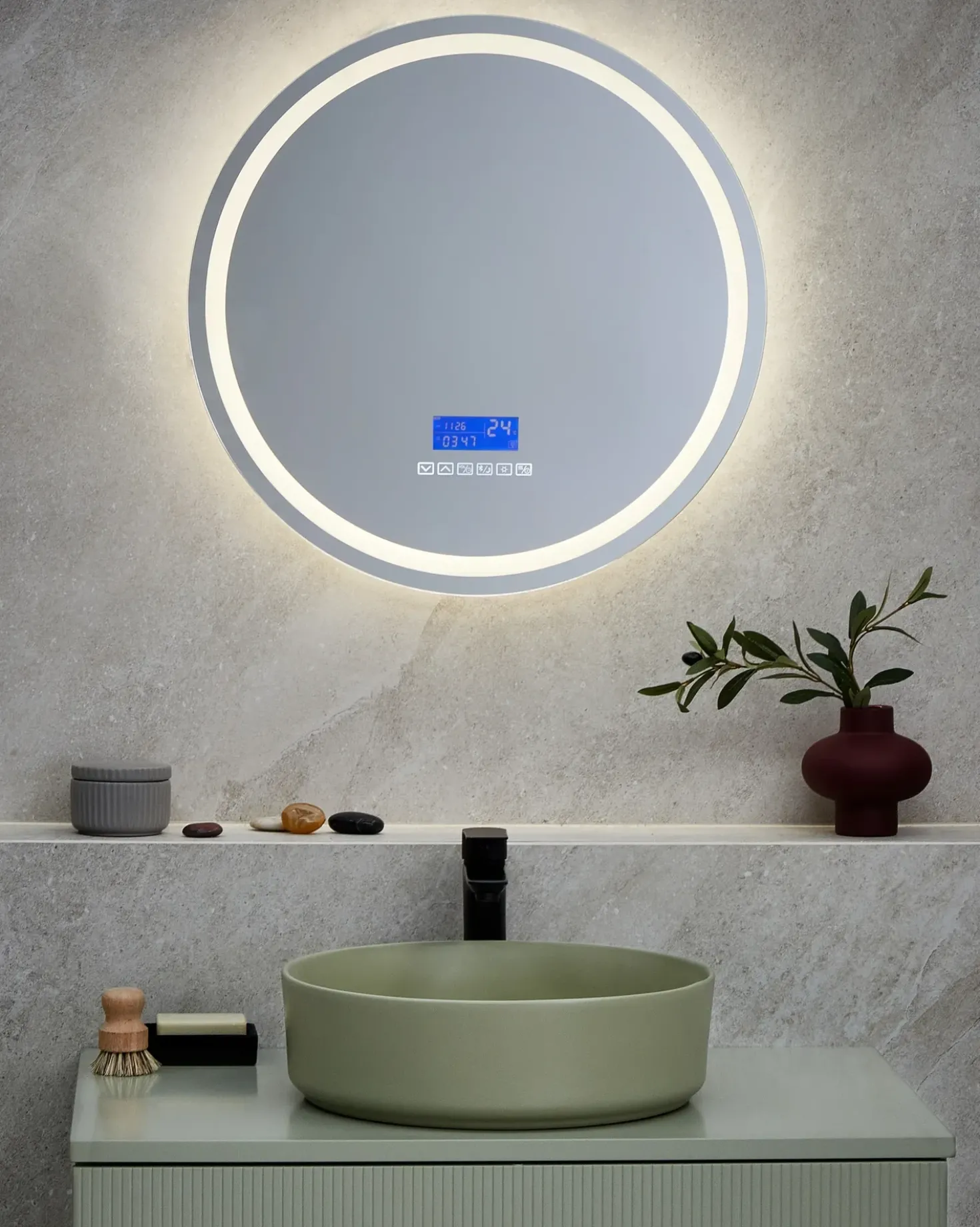Specchio da bagno con luce LED BROGNON 60 cm 60 cm con altoparlante Bluetooth integrato Argento