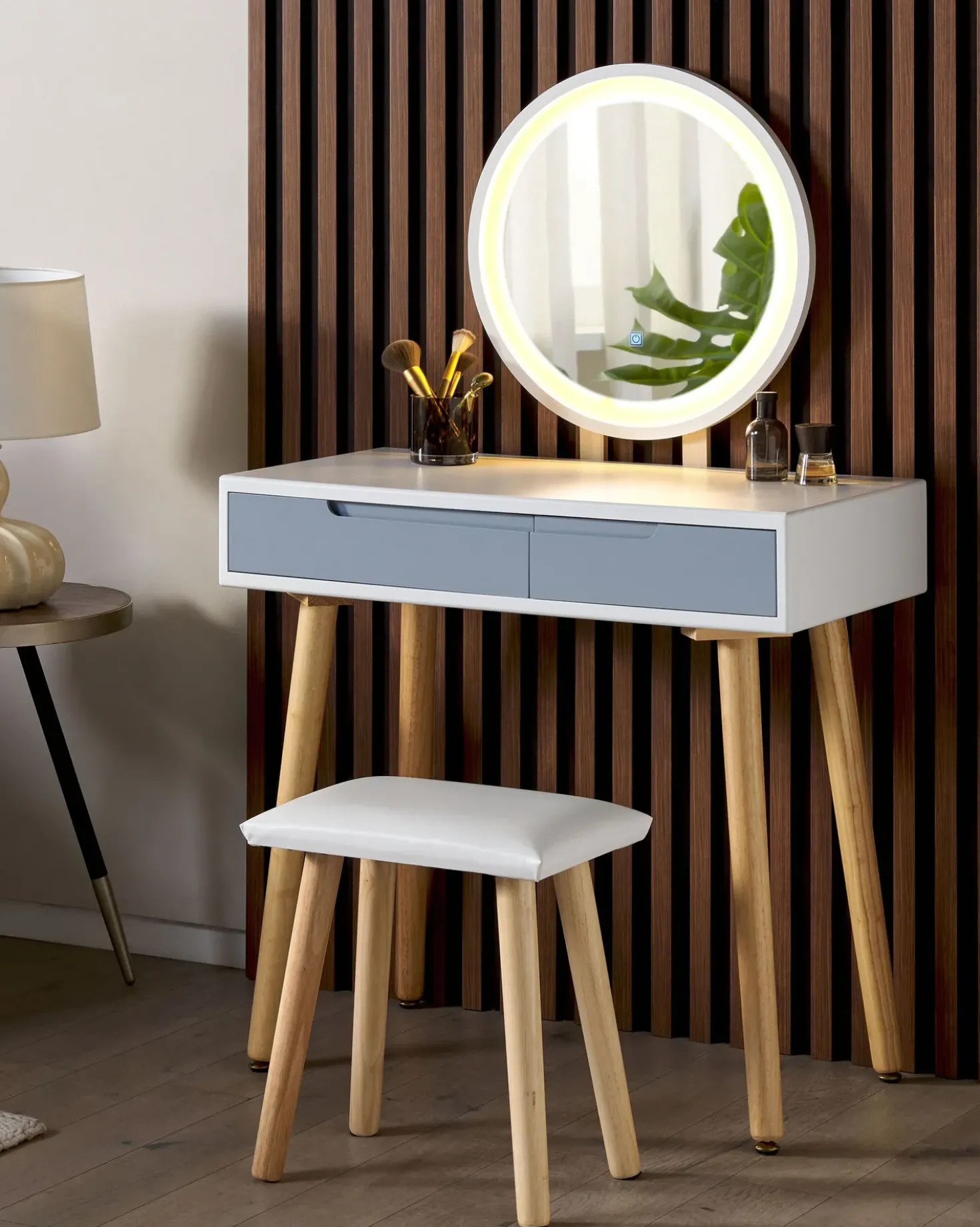 Toeletta con specchio e sgabello JOSSELIN LED Bianco
