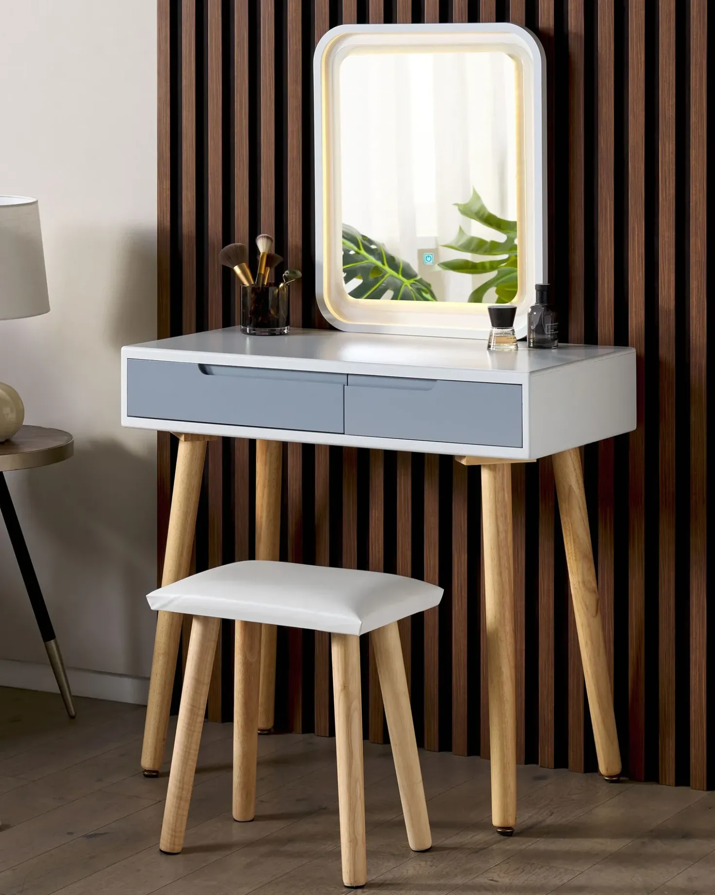 Toeletta con specchio e sgabello DIEPPE LED Bianco