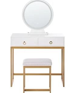 Toeletta con specchio e sgabello AUXON LED Bianco