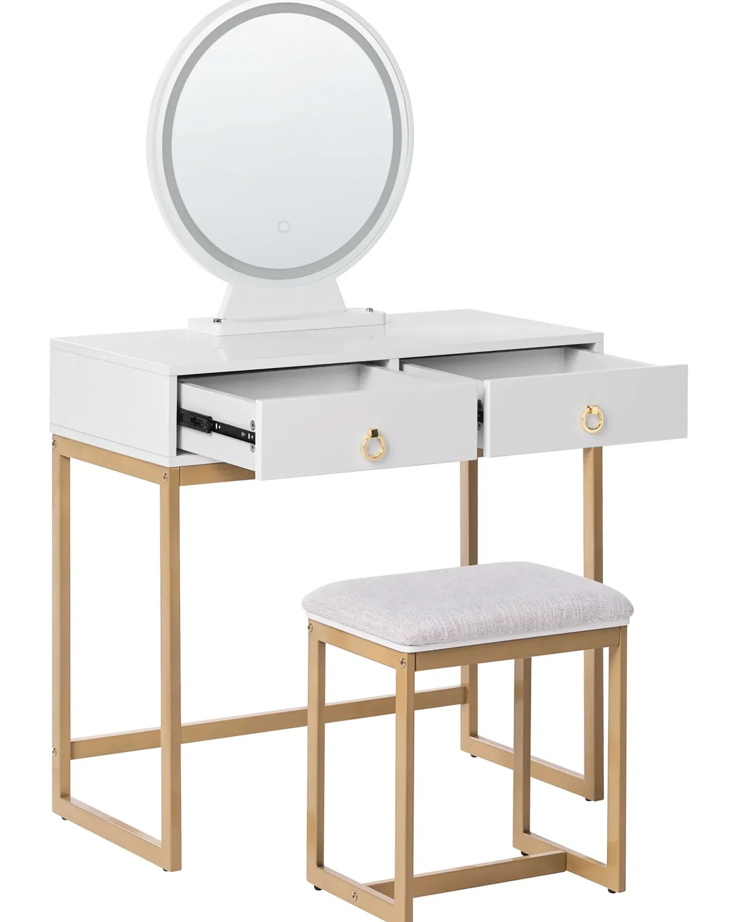 Toeletta con specchio e sgabello AUXON LED Bianco