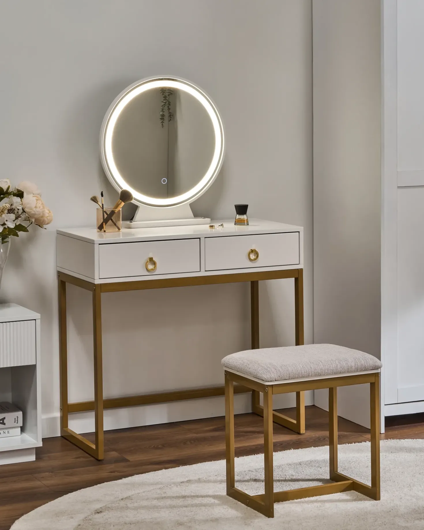 Toeletta con specchio e sgabello AUXON LED Bianco