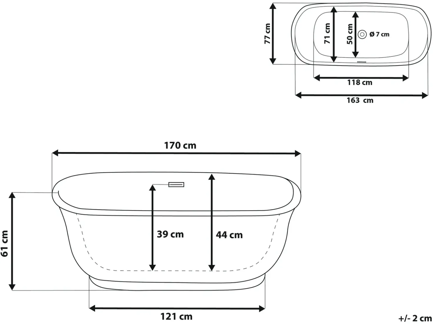 Vasca da bagno freestanding TESORO 170 x 77 cm Bianco