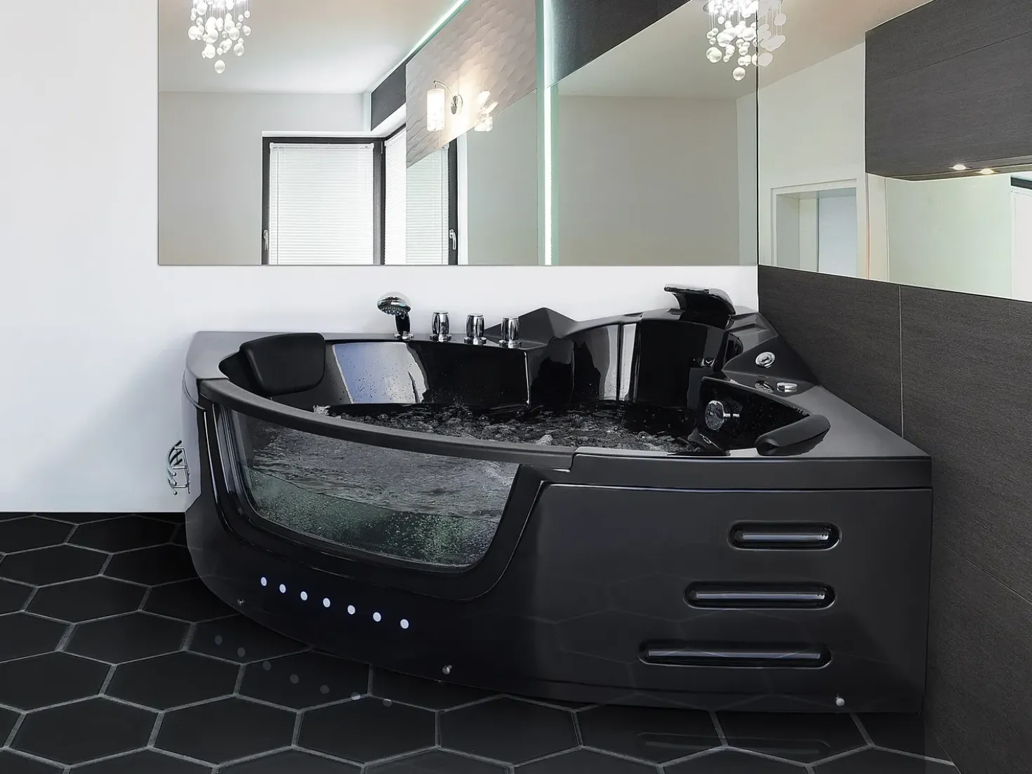 Vasca idromassaggio angolare con LED MARTINICA 198 x 144 cm Nero