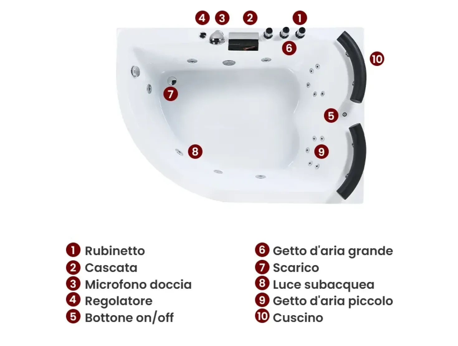 Vasca idromassaggio angolare con LED PARADISO Lato Sinistro 158 x 113 cm Bianco