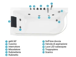 Vasca idromassaggio angolare con LED ACUARIO Lato destro 170 x 80 cm Bianco