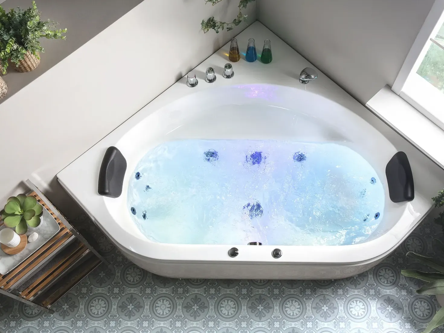 Vasca idromassaggio angolare con LED MEVES 140 x 140 cm Bianco