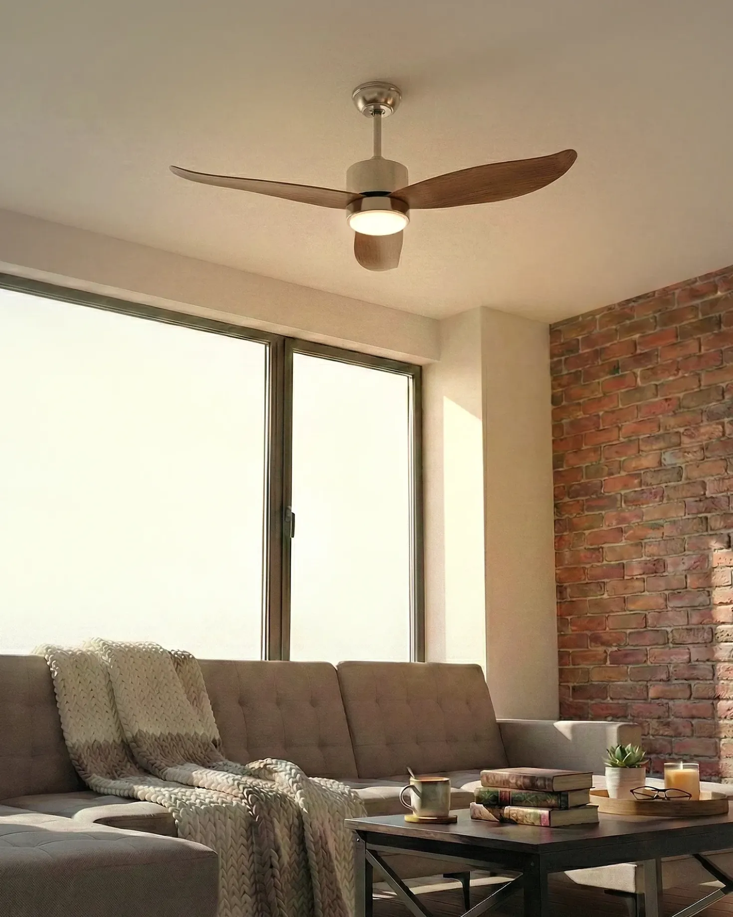 Ventilatore a soffitto con luce MAHAUT con telecomando LED Marrone chiaro
